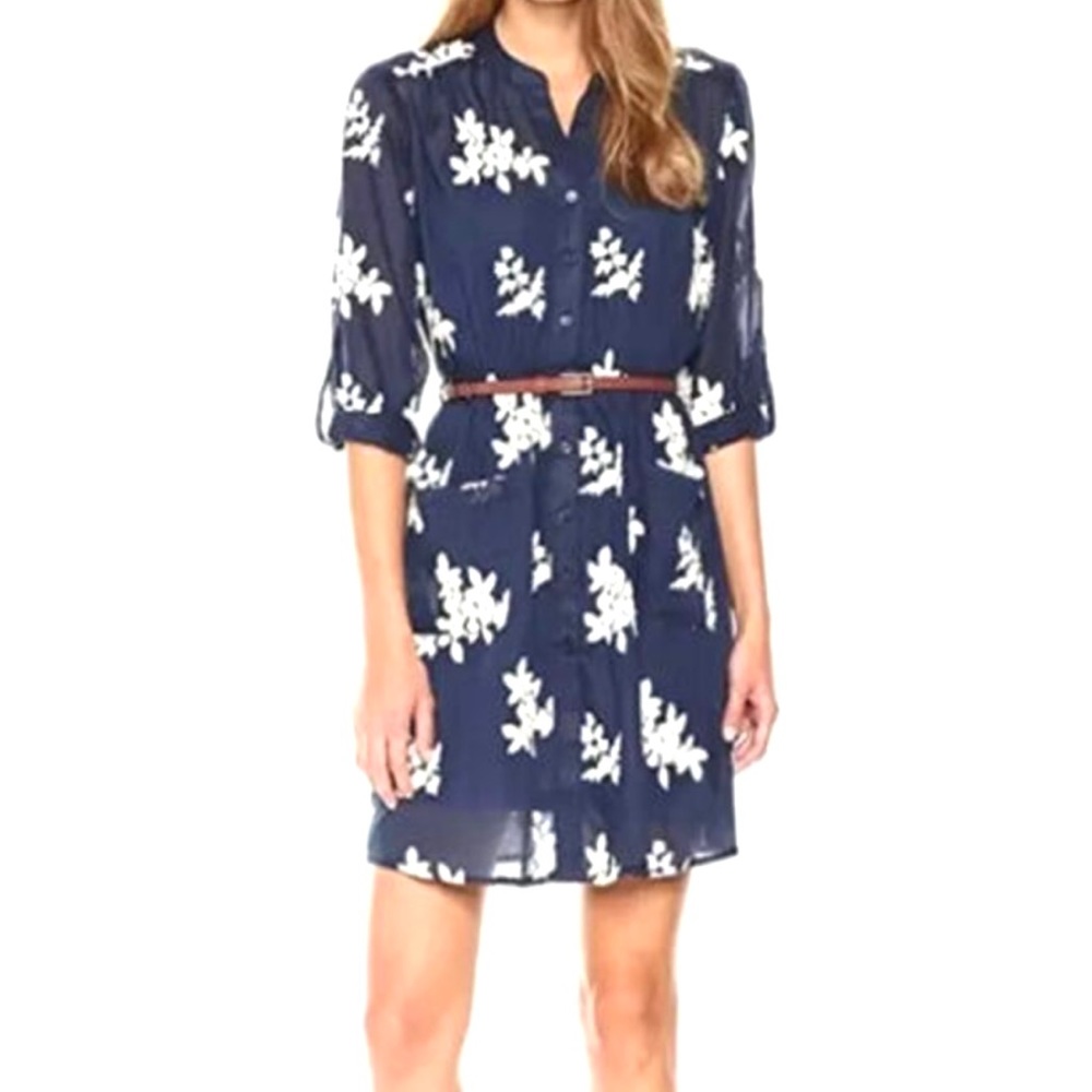 NWT Beige By Eci Embroidered Shirt Dress Floral Blue With Slip Size 4